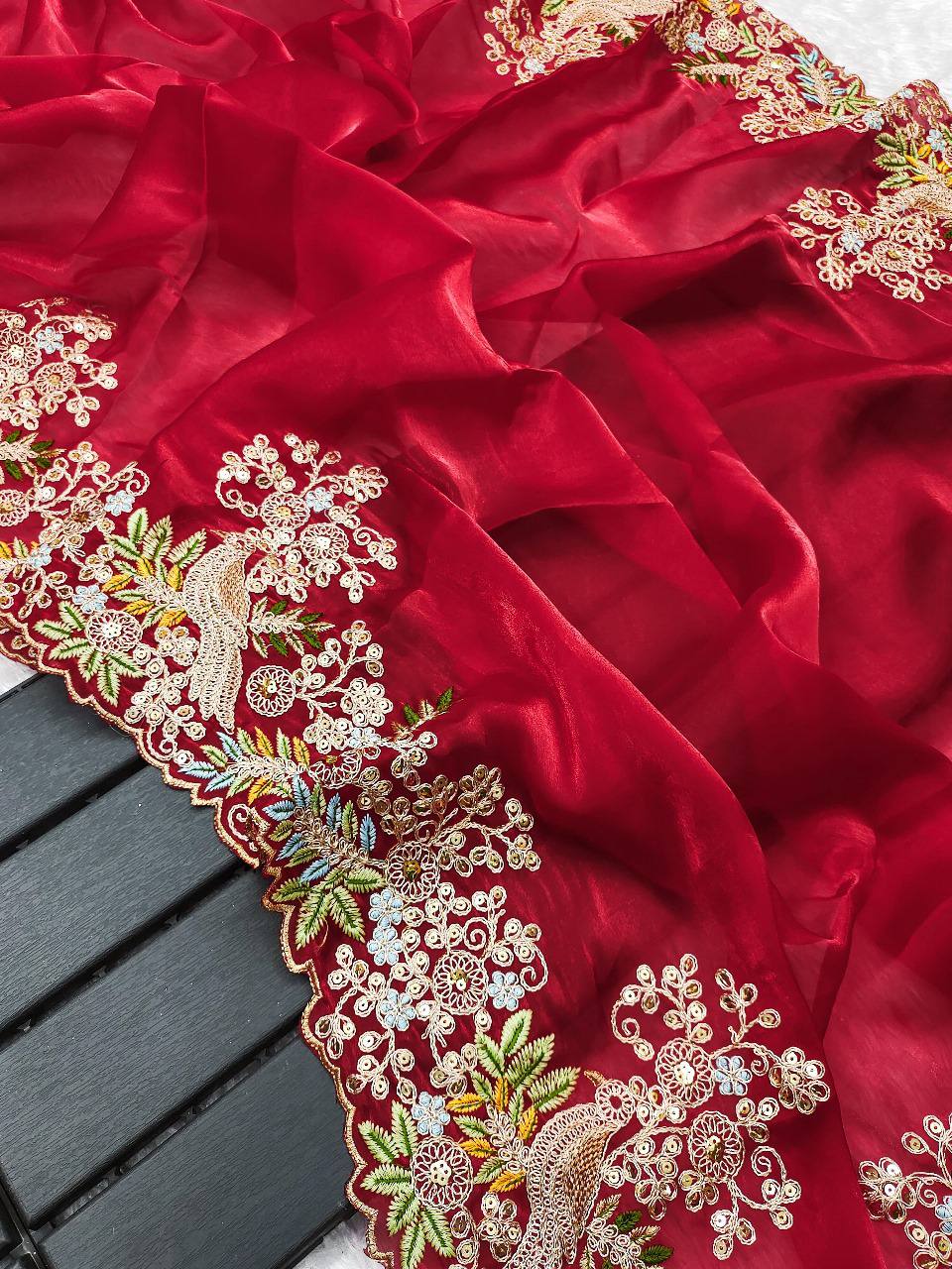 Red Fancy Jimmy Choo Silk Saree With Sequence And Embroidery Work