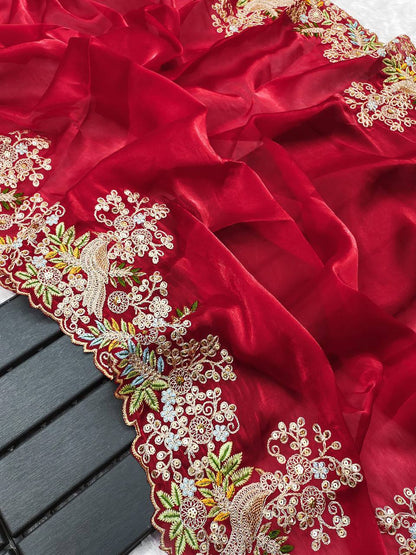 Red Fancy Jimmy Choo Silk Saree With Sequence And Embroidery Work