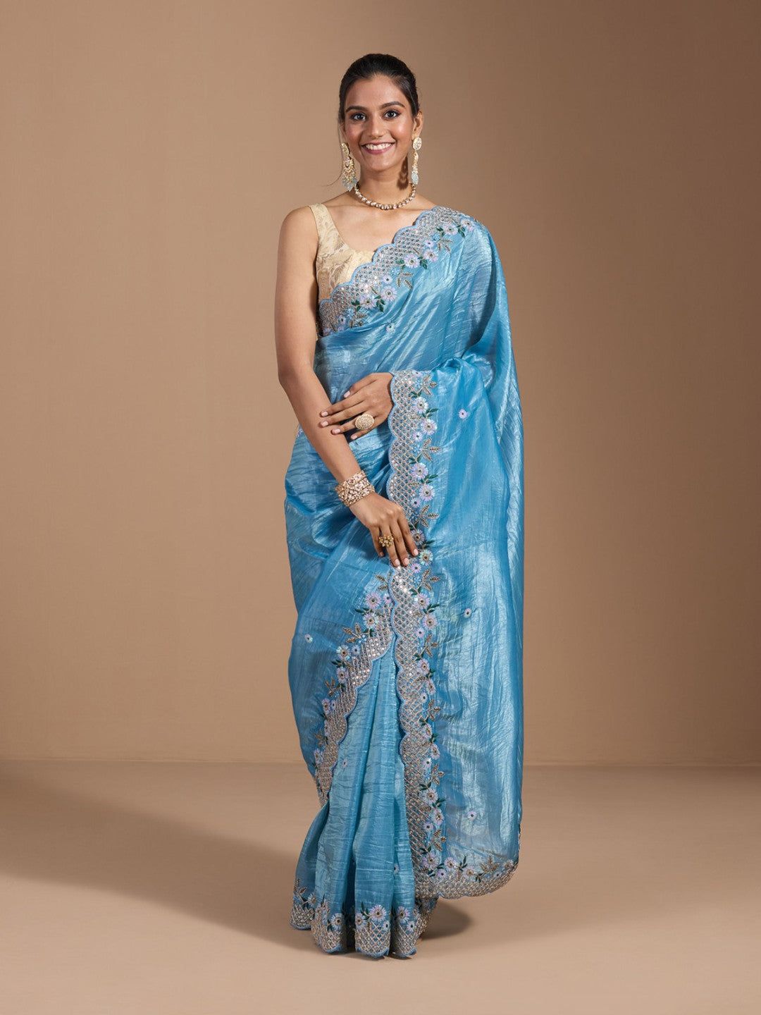 Sky Blue Gold Crush Silk Saree With Thread Sequence Work With Beautiful Cutting Border