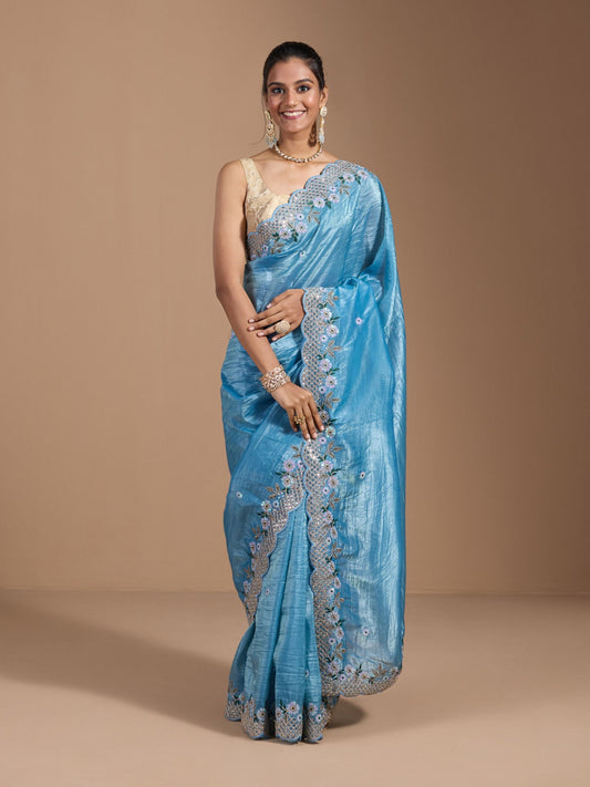 Sky Blue Gold Crush Silk Saree With Thread Sequence Work With Beautiful Cutting Border