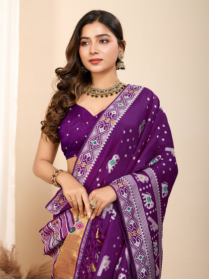 Traditional Muslin Dola Silk Saree With Meenakari Zari Weaving Work