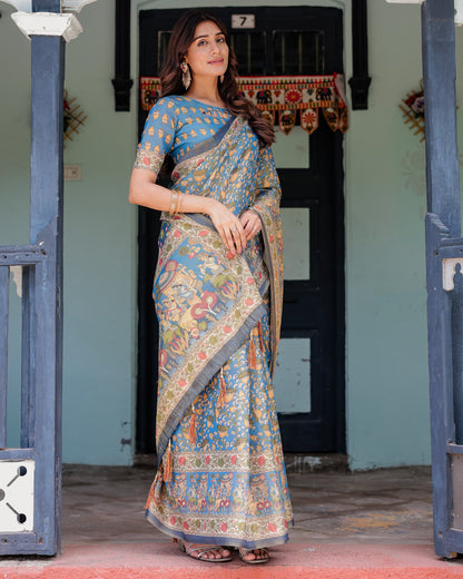 Kalamkari Digital Printed Linen Cotton Saree