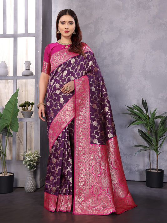 Purple Premium Banarasi Silk Saree With Zari Weaving Work