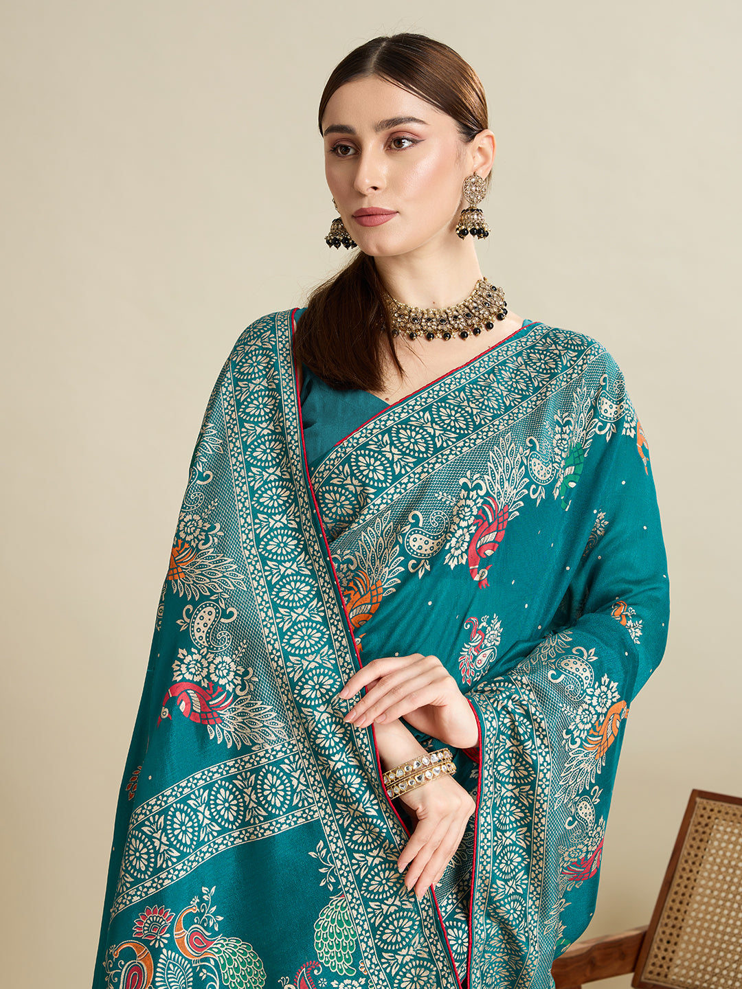 Rama Green Cotton Saree With Table Printed And Foil Work With Pipeing Border