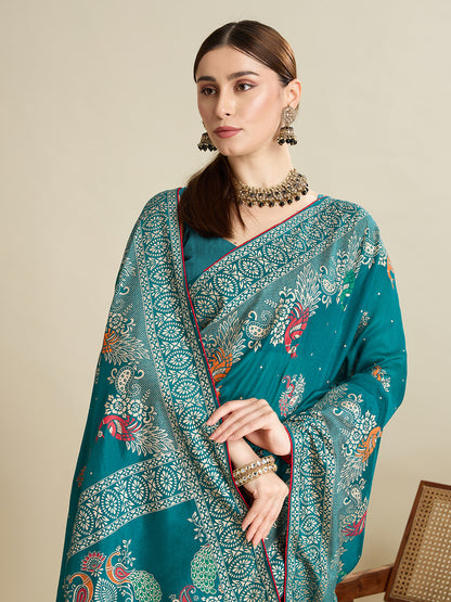 Rama Green Cotton Saree With Table Printed And Foil Work With Pipeing Border
