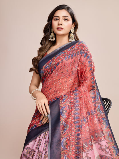 Multi Soft Linen Cotton Saree With Kalamkari Printed Work