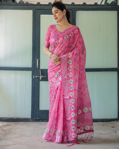 Babypink Soft Linen Cotton Saree With Digital Printed Work