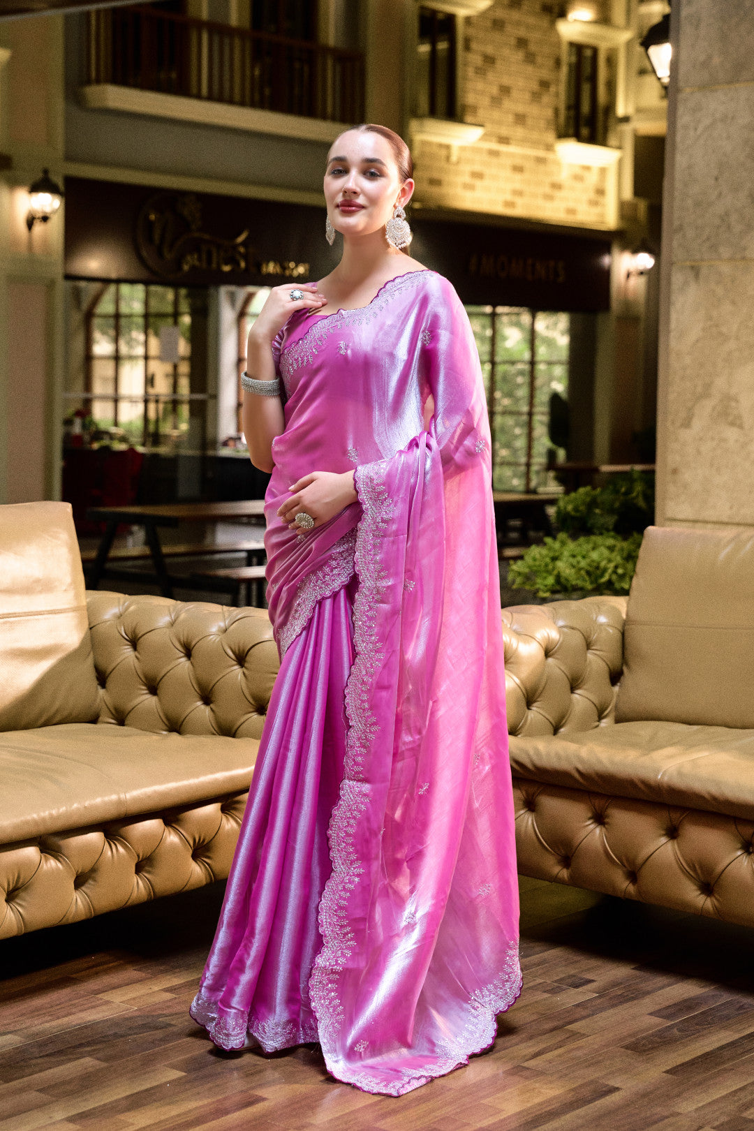 Light Pink Fancy Shimmer Chiffon Saree With Embroidery Work