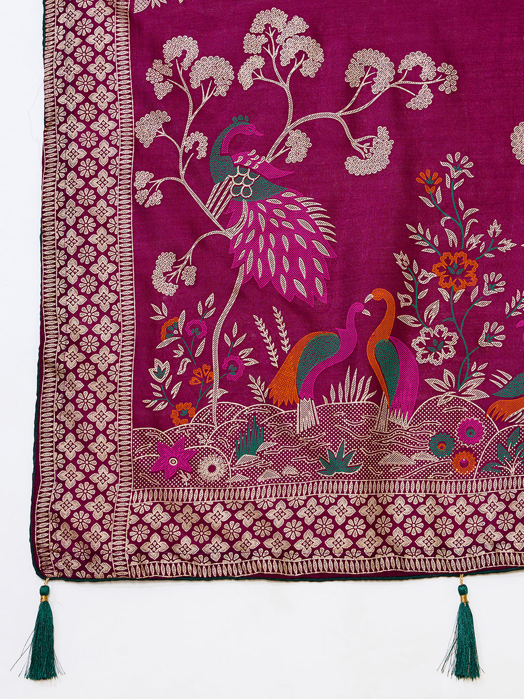Wine Cotton Saree With Table Printed And Foil Work With Pipeing Border