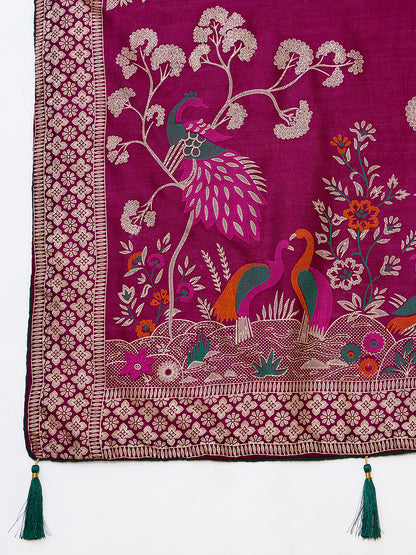 Wine Cotton Saree With Table Printed And Foil Work With Pipeing Border