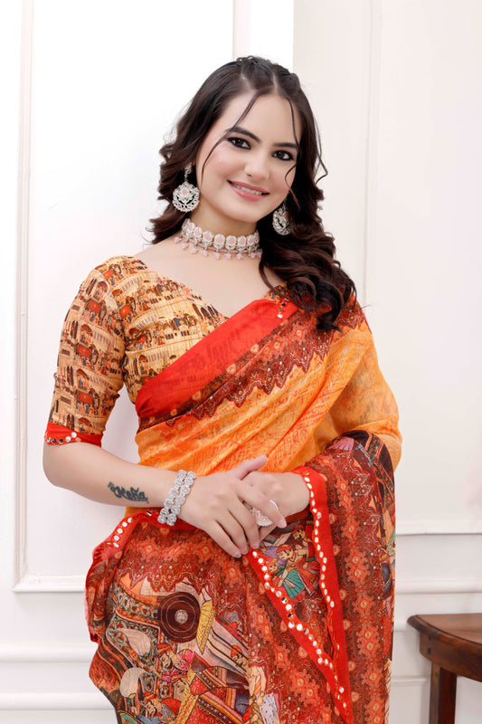 Fancy Multi Kalamkari Printed Chanderi Cotton Saree With Mirror Cutwork Border
