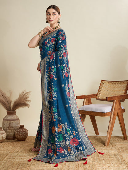 Navy Blue Cotton Saree With Table Printed And Foil Work With Pipeing Border