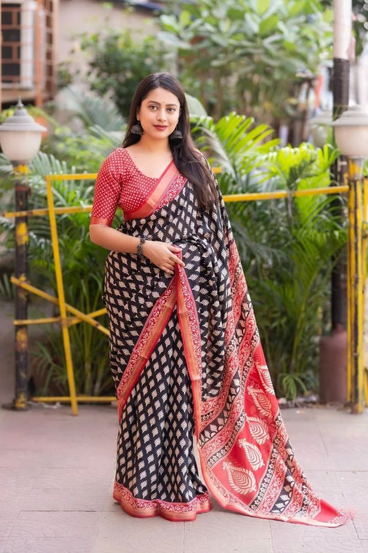 Black Ajrakh Printed Soft Cotton Crepe Saree