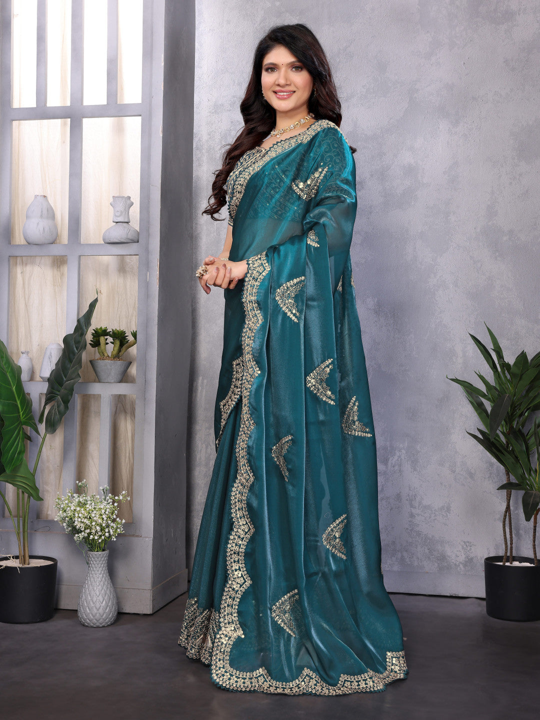 Rama Green Fancy Shimmer Chiffon Saree With Embroidery Work