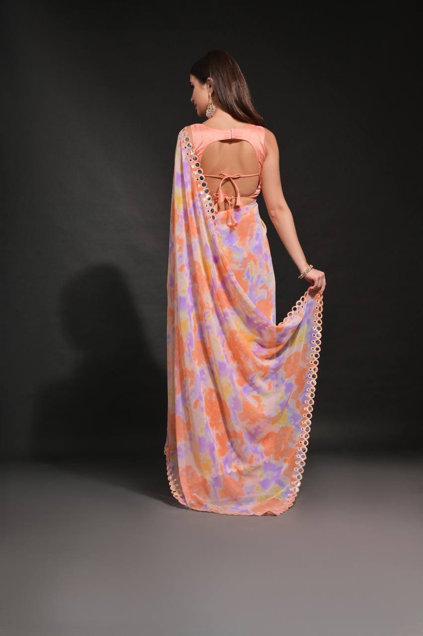 Orange Fancy Chiffon Silk Saree With Prizam Printed Work And Foil Mirror Work Border