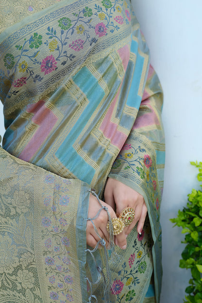 Gray Color Soft Organza Silk Saree With Zari Weaving Work