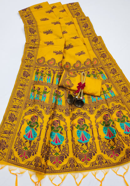 Yellow Traditional Handloom Raw Silk Saree With Woven Design