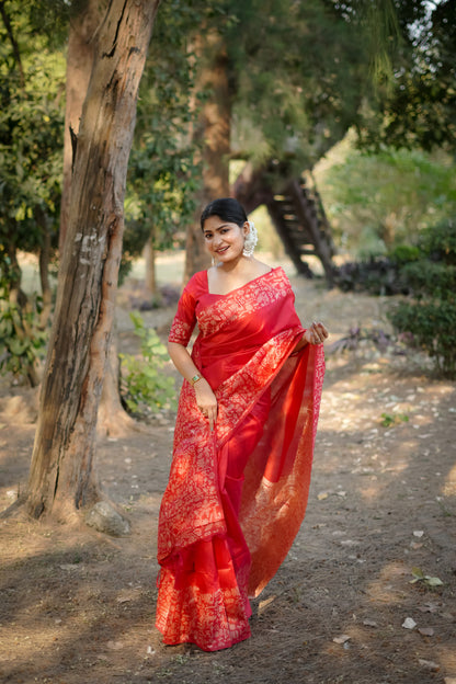 Red Handloom Raw Silk Saree With Contrast Weaving Work
