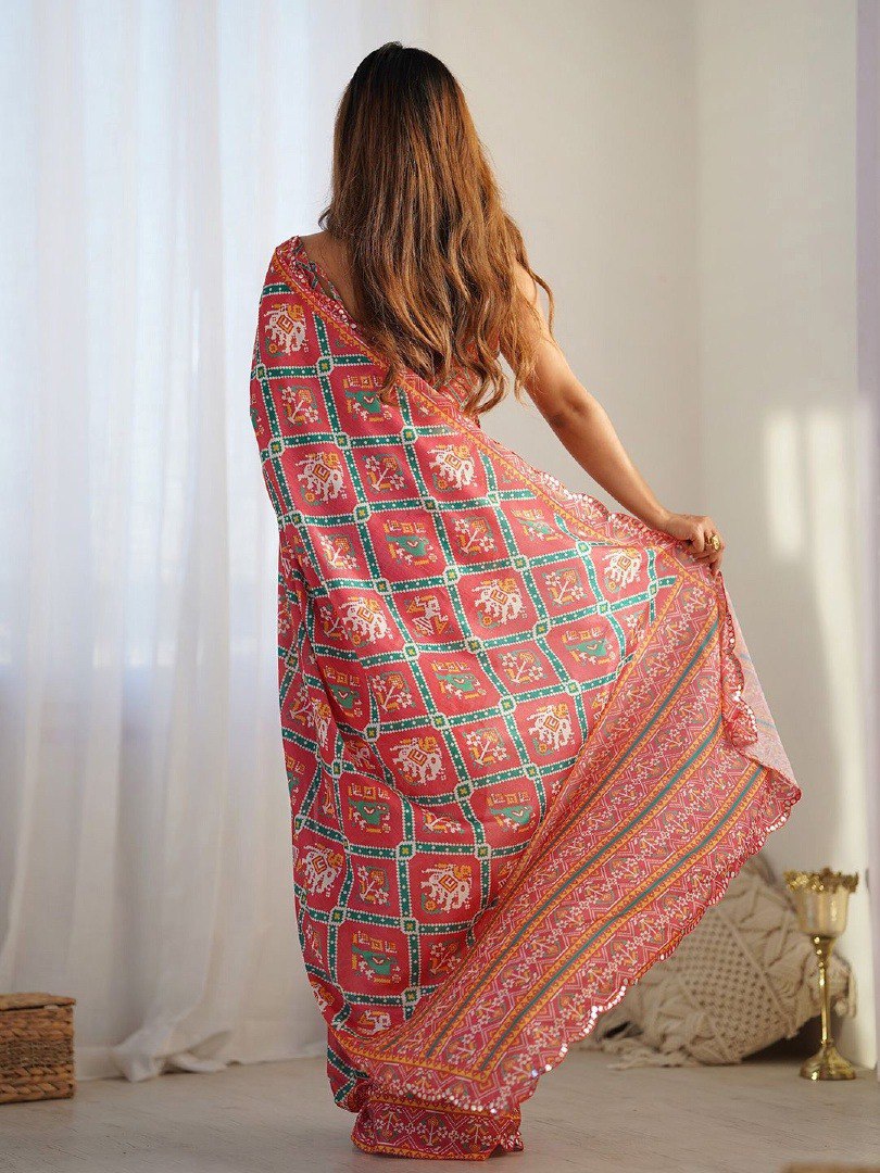 Red Color Georgette Saree With Printed And Mirror Work With Arco Border