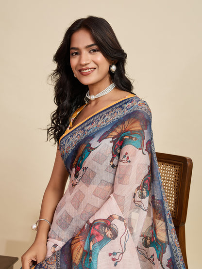 Multi Linen Cotton Saree With Digital Printed Work And Silver Zari Border