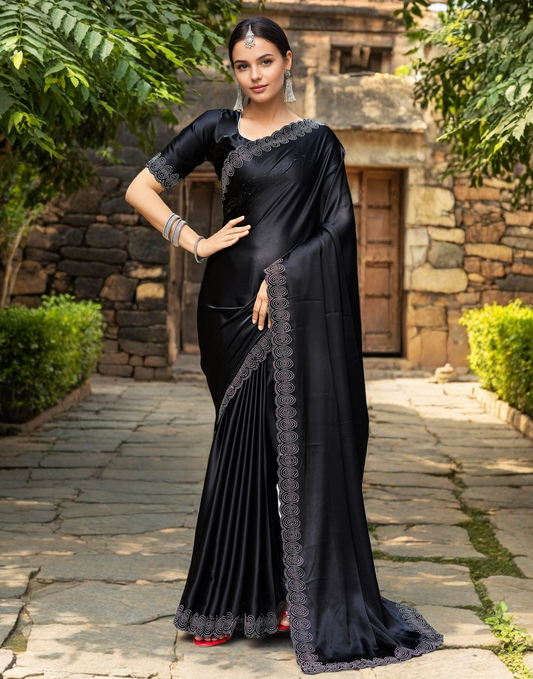 Party Wear Black Satin Silk Fancy Saree With Siroski Work