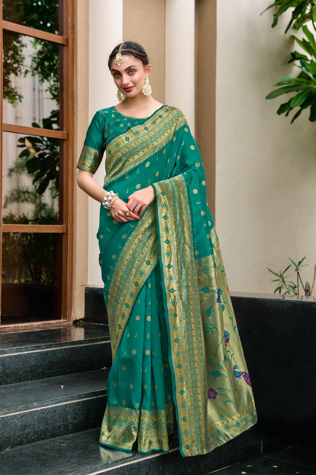 Traditional Rama Green Paithani Silk Saree With Zari Weaving Work