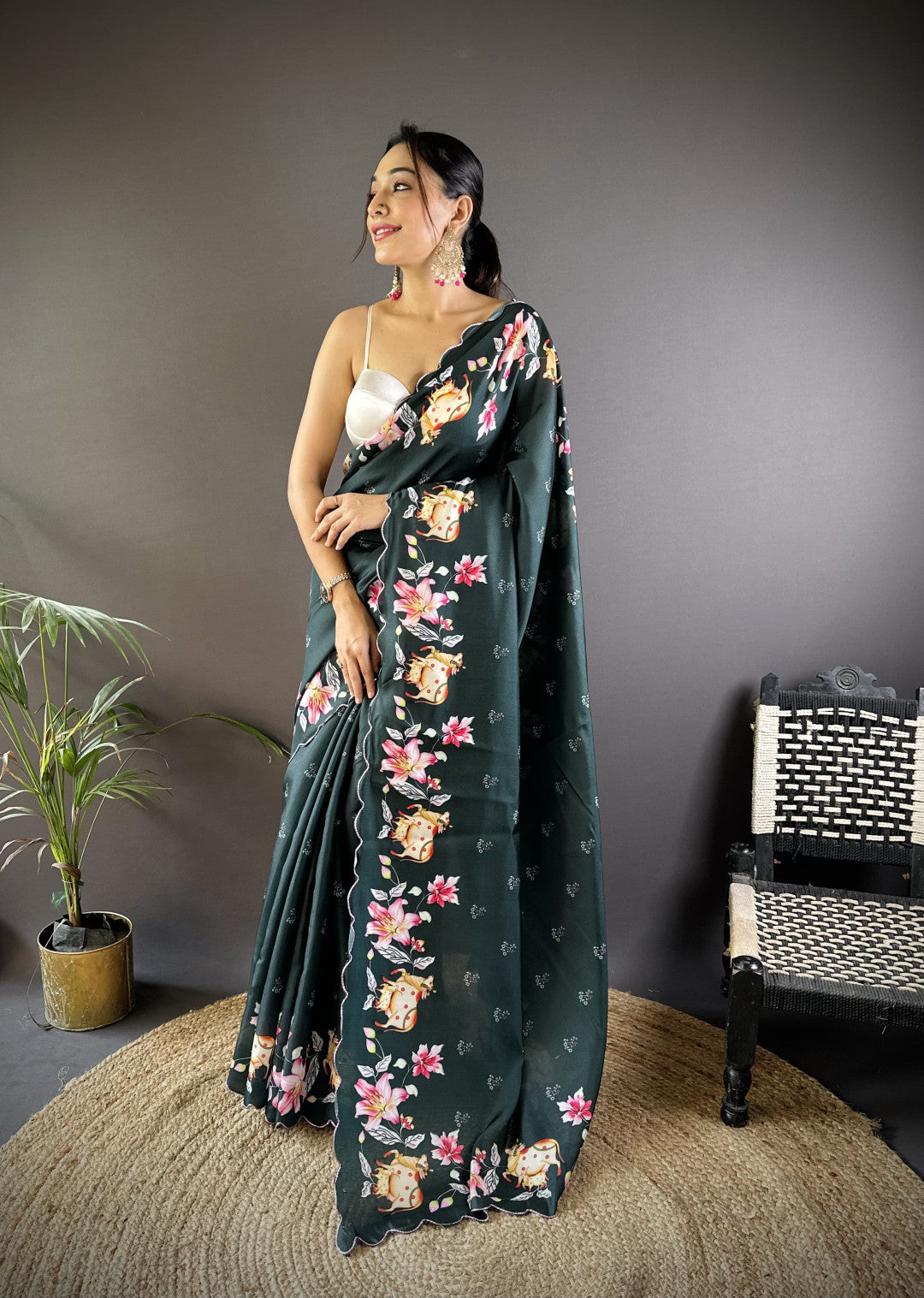 Green Gadhwal Silk Saree With Pichwai Print And Embroidery Cut Work