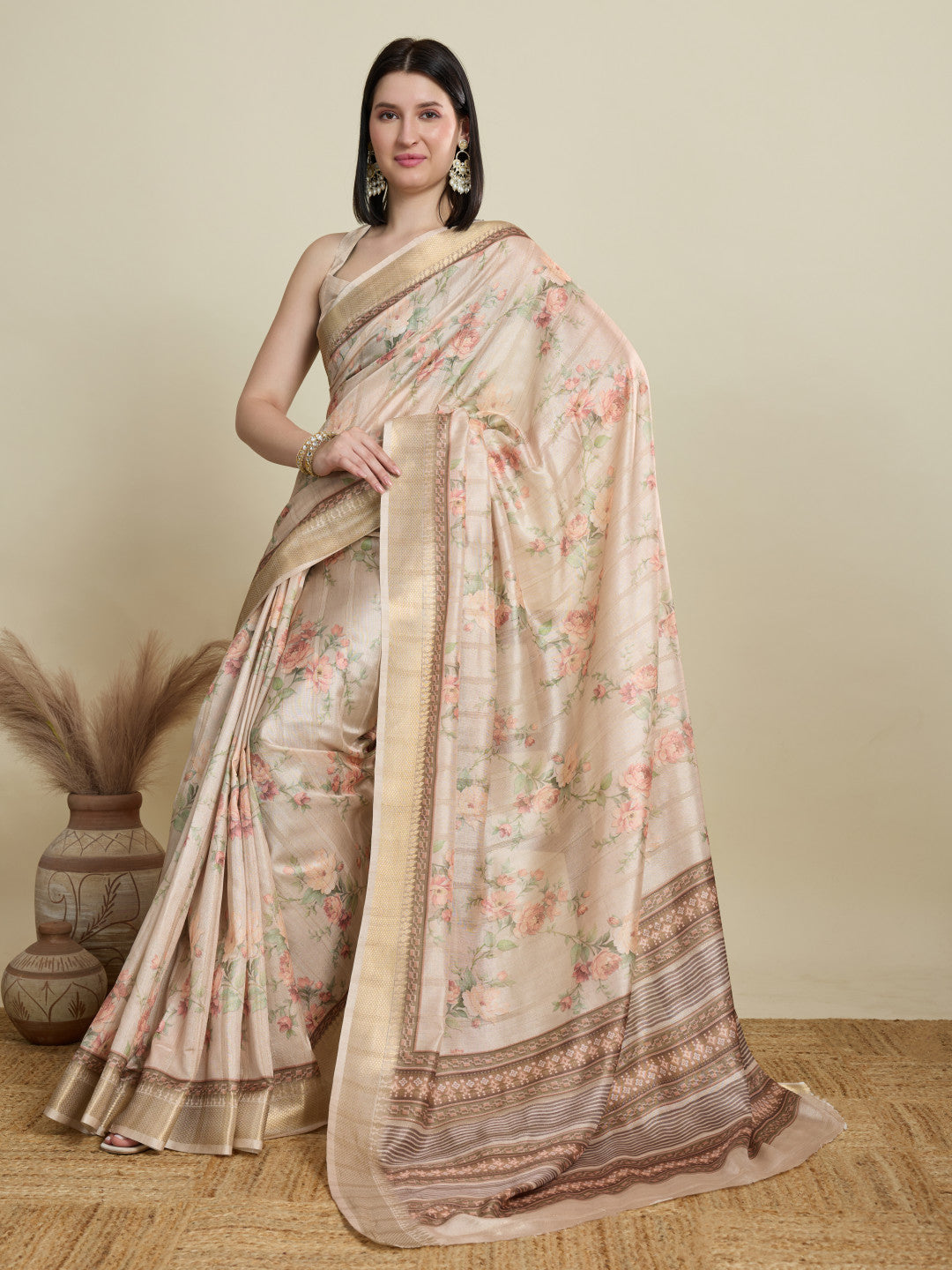 Cream Soft Cotton Saree With Digital Printed Pallu & Zari Border
