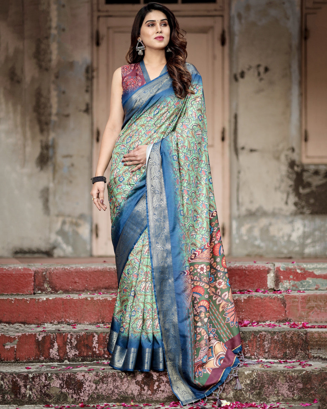 Pista Green Kalamkari Digital Printed Dola Silk Saree With Gold Zari Border