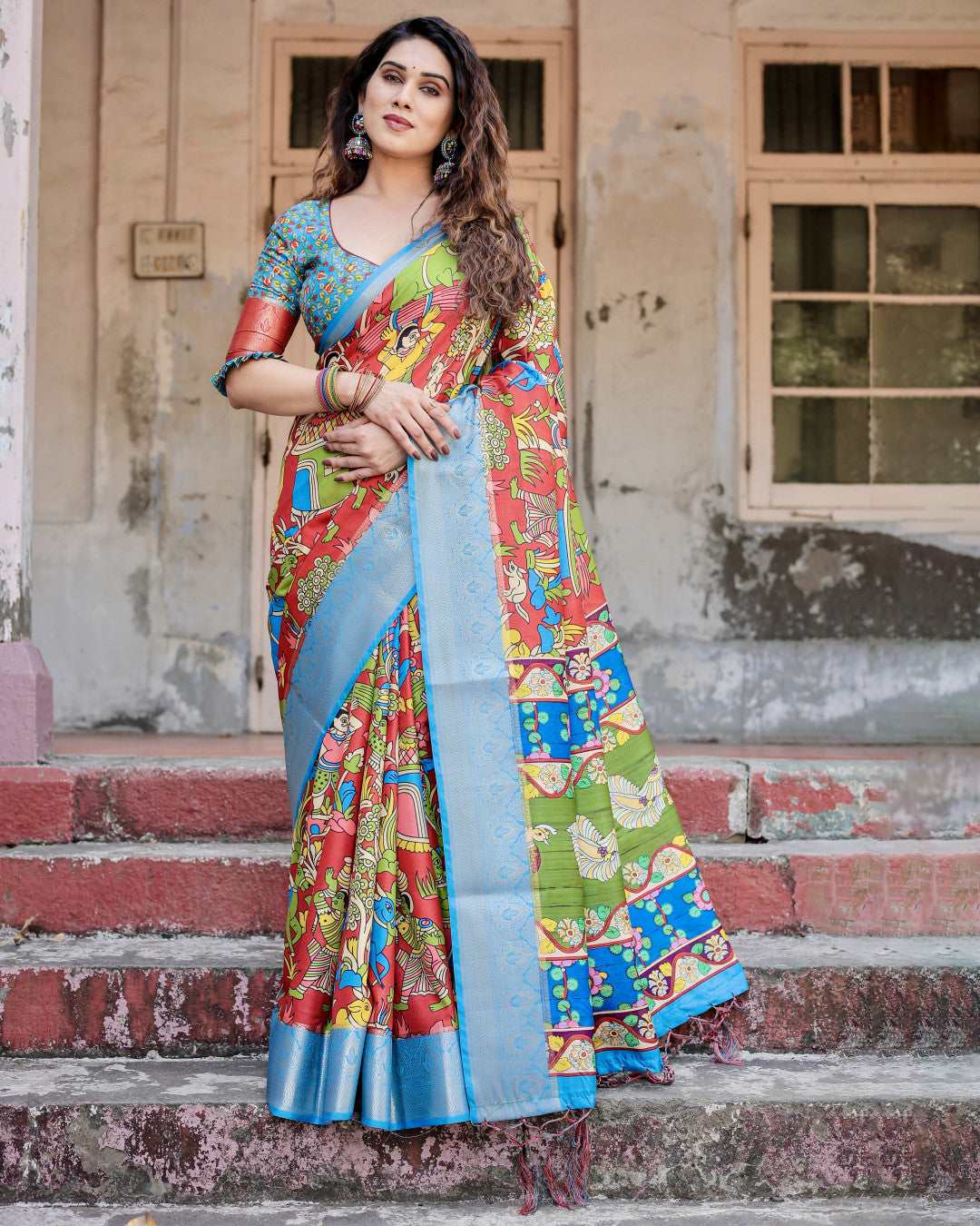 Multi Fancy Kalamkari Digital Printed Tussar Silk Saree
