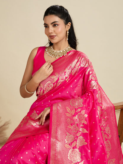 Pink Kanjivaram Silk Saree With Zari Weaving Border & Designer Rich Pallu