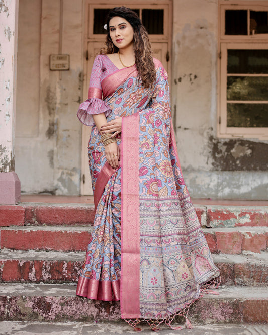 Multi Kalamkari Digital Printed Dola Silk Saree With Gold Zari Border