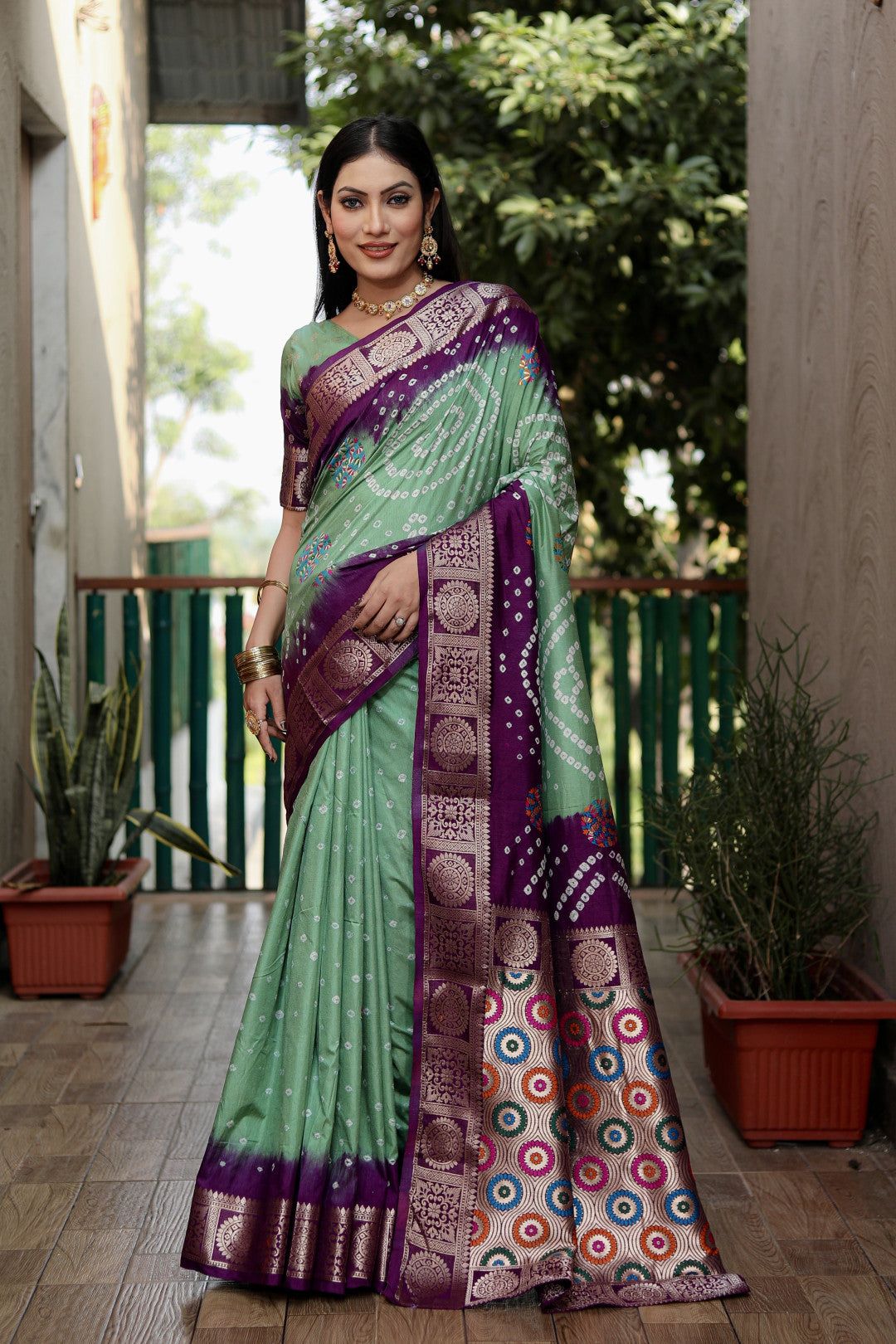 Multi Color Soft Bandhej Silk Saree With Zari Weaving Work