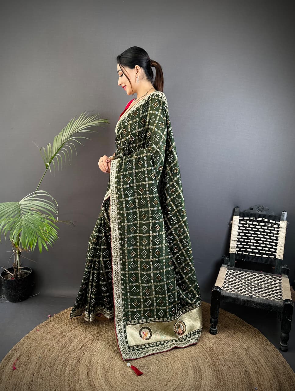 Mahendi Green Traditional Blooming Vichitra Khadi Bandhej Silk Saree With Sequence Work