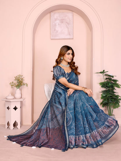 Blue Colour Chanderi Cotton Saree With Digital Printed Work