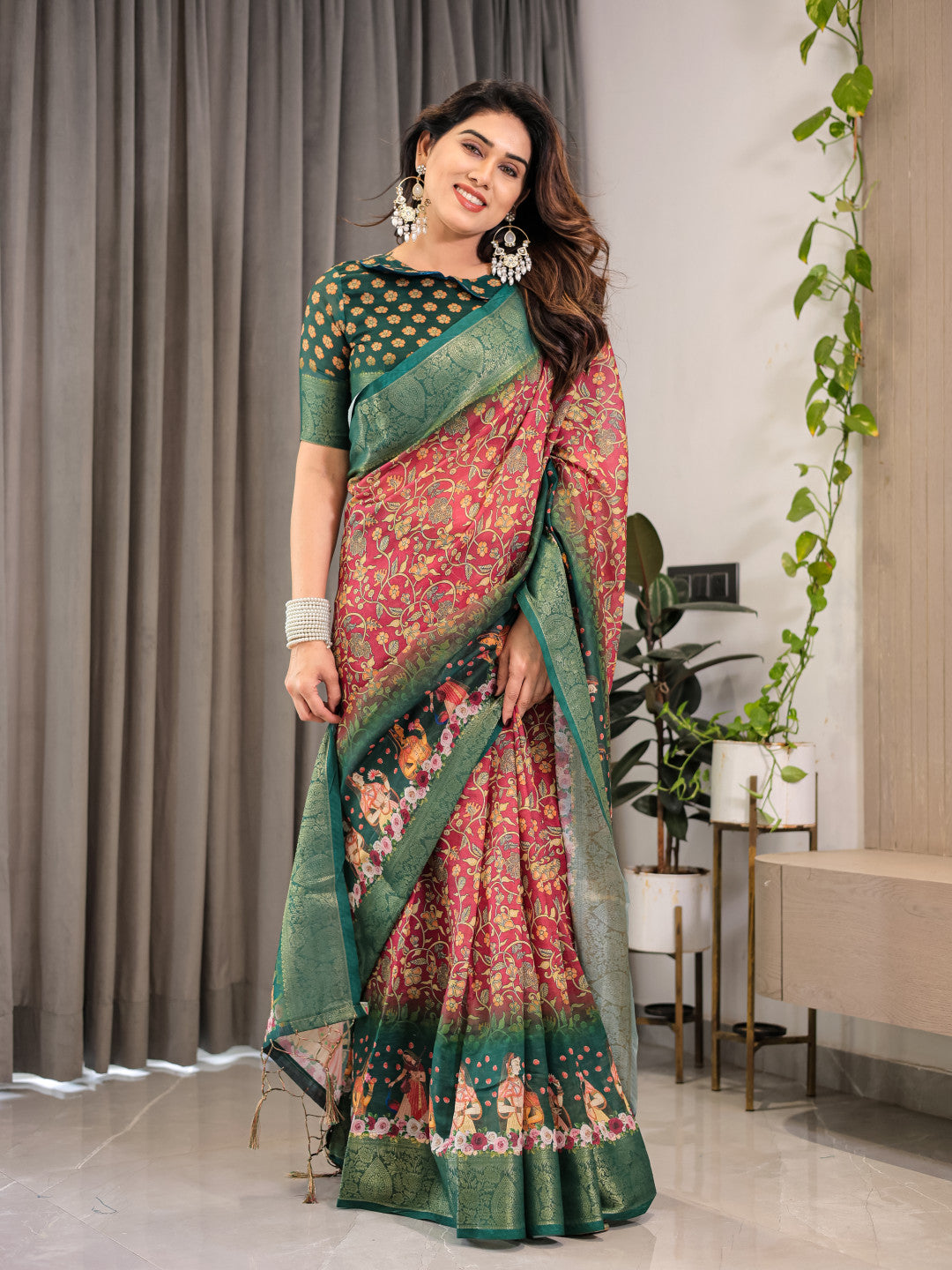 Multi Kalamkari Digital Printed Linen Cotton Saree