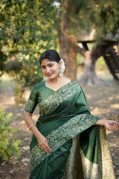 Green Handloom Raw Silk Saree With Contrast Weaving Work