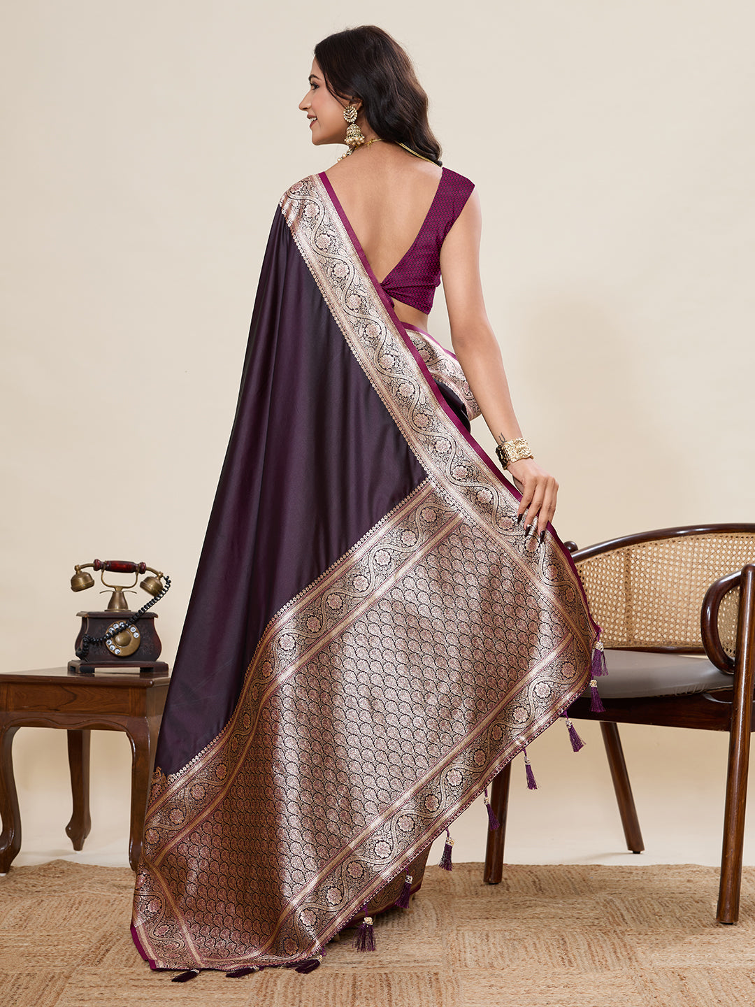 Maroon Soft Satin Silk Saree With Gala Border And Zari Weaving Work