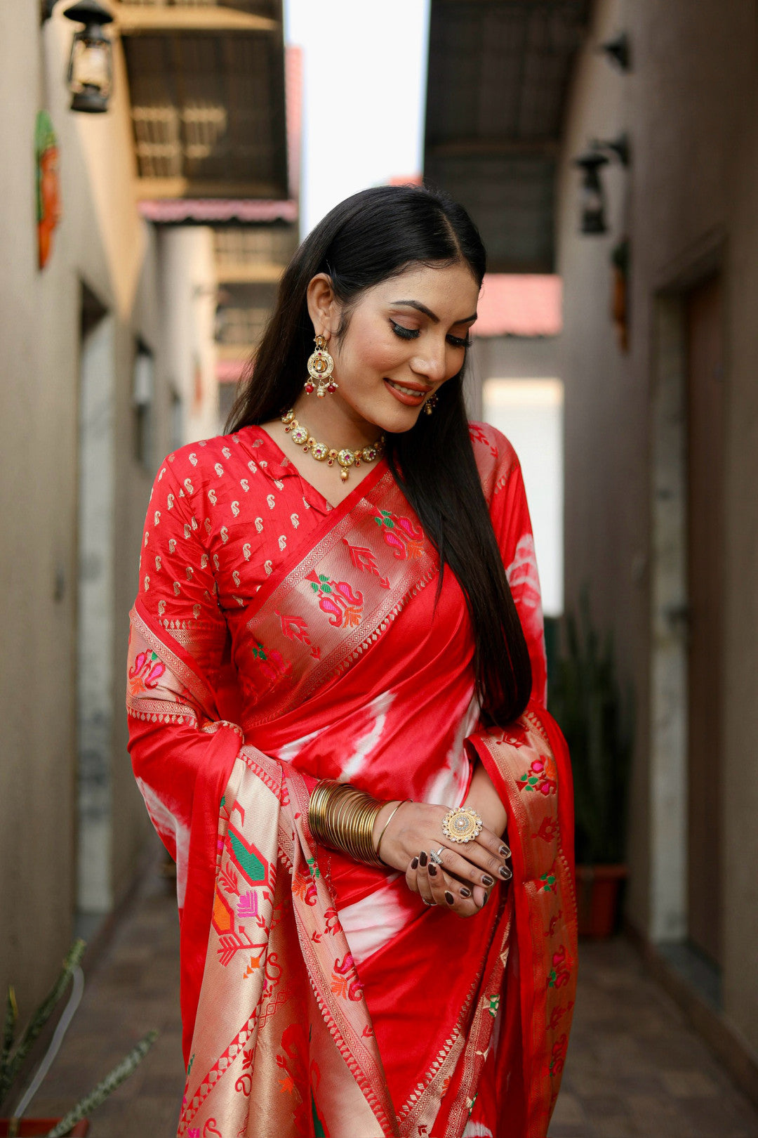 Red Color Soft Dola Silk Saree With Shibori Print & Zari Weaving Work