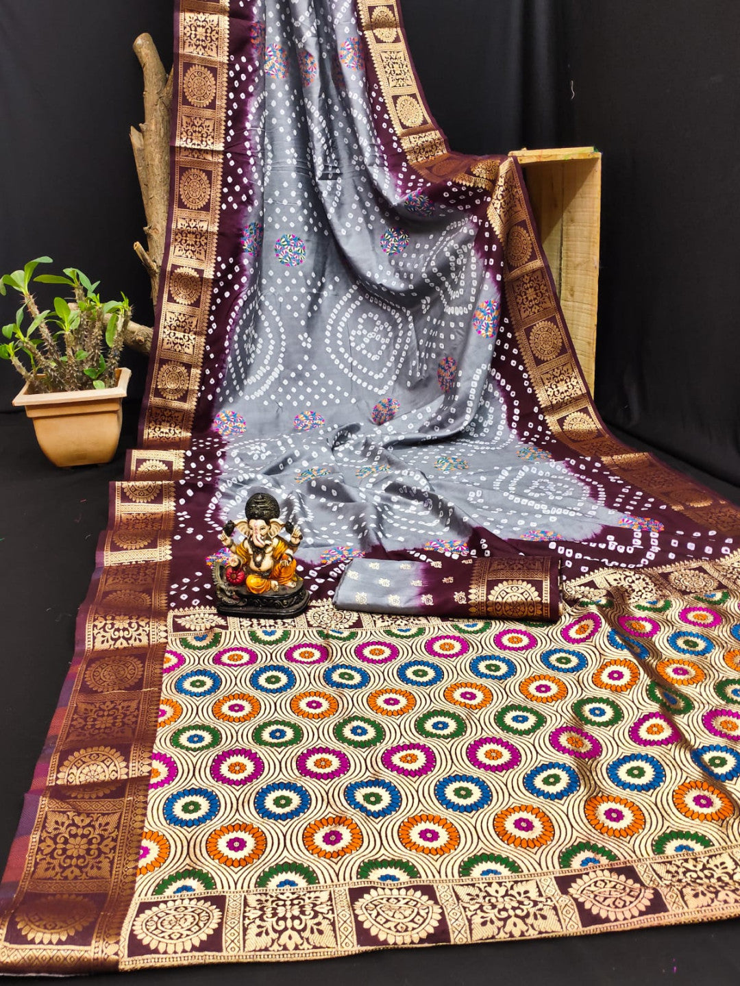 Multi Color Soft Bandhej Silk Saree With Zari Weaving Work