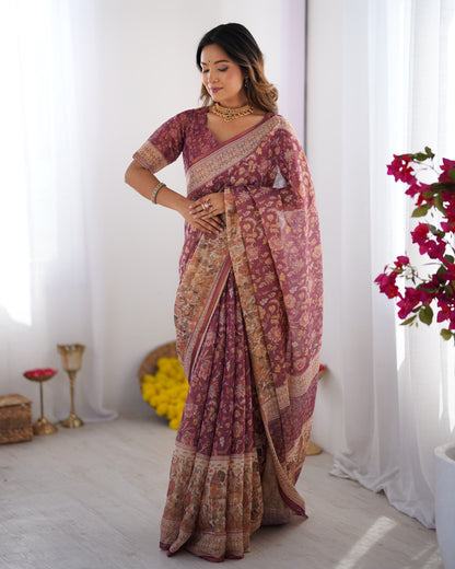 Multi Color Kalamkari Digital Printed Linen Cotton Saree
