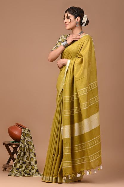 Mustrad Yellow Colour Pure Plain Linen Cotton Saree With Ajrakh Blockprinted Cotton Blouse