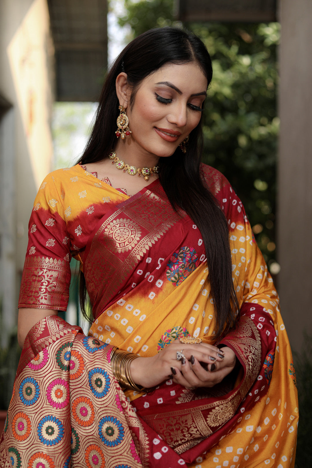 Multi Color Soft Bandhej Silk Saree With Zari Weaving Work