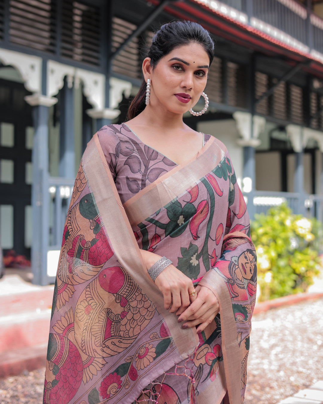 Beige Soft Linen Cotton Saree With Kalamkari Digital Printed Work