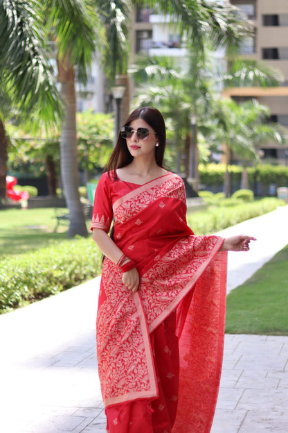 Red Color Soft Handloom Raw Silk Saree With Weaving Work
