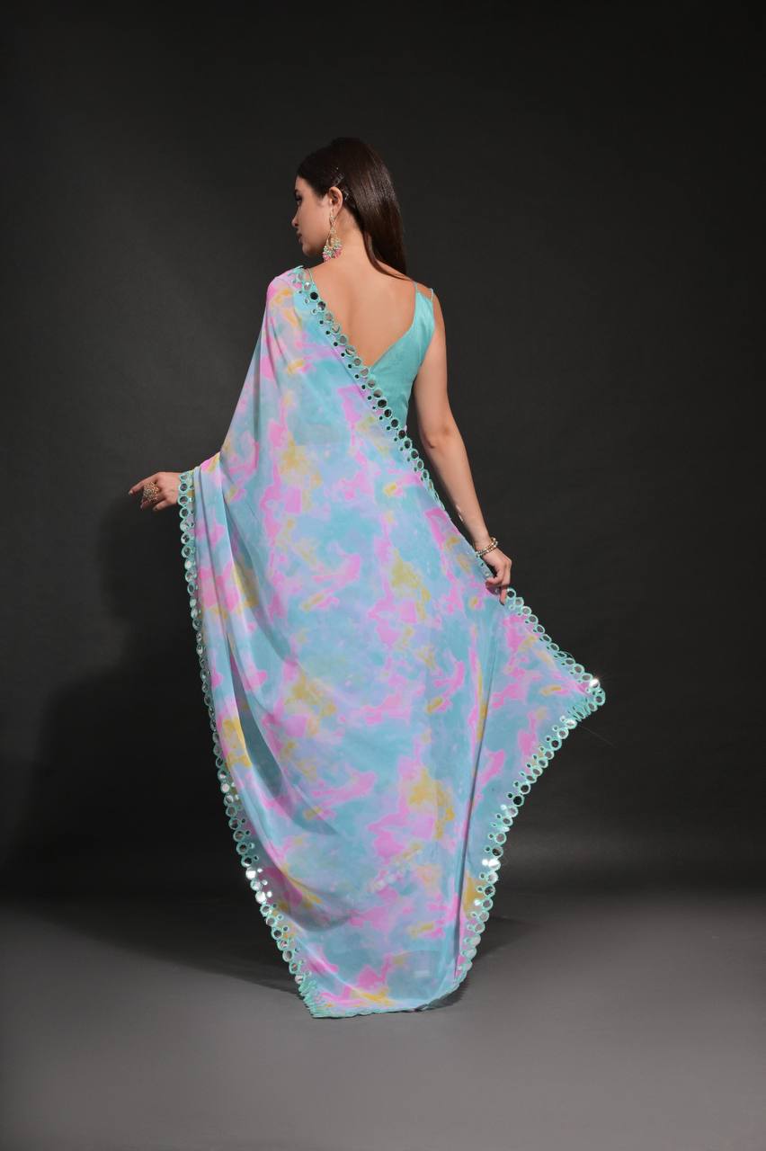Sky Blue Fancy Chiffon Silk Saree With Prizam Printed Work And Foil Mirror Work Border