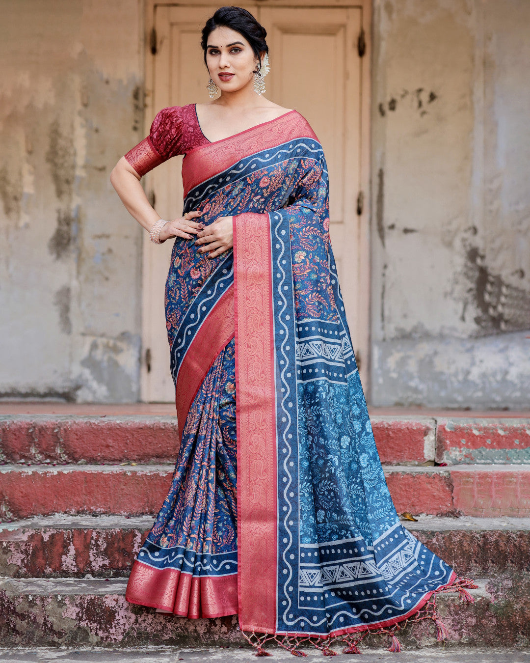 Navy Blue Digital Kalamkari Printed Tussar Silk Saree With Zari Motif Border
