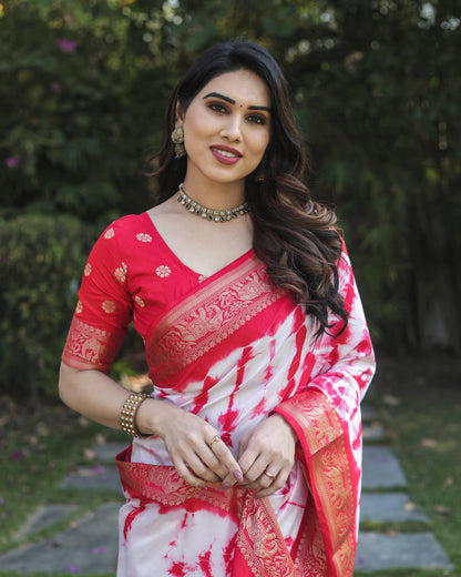 Red Color Dola Silk Saree With Shibori Printed Work