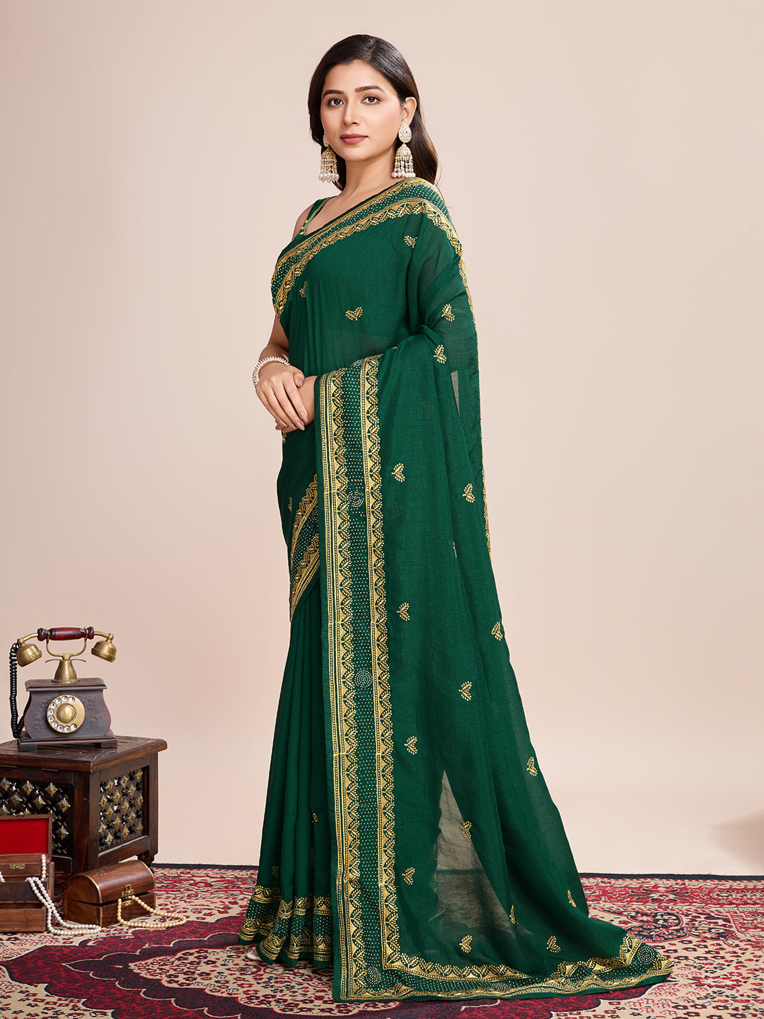 Fancy Green Soft Vichitra Silk Saree With Embroidery Work