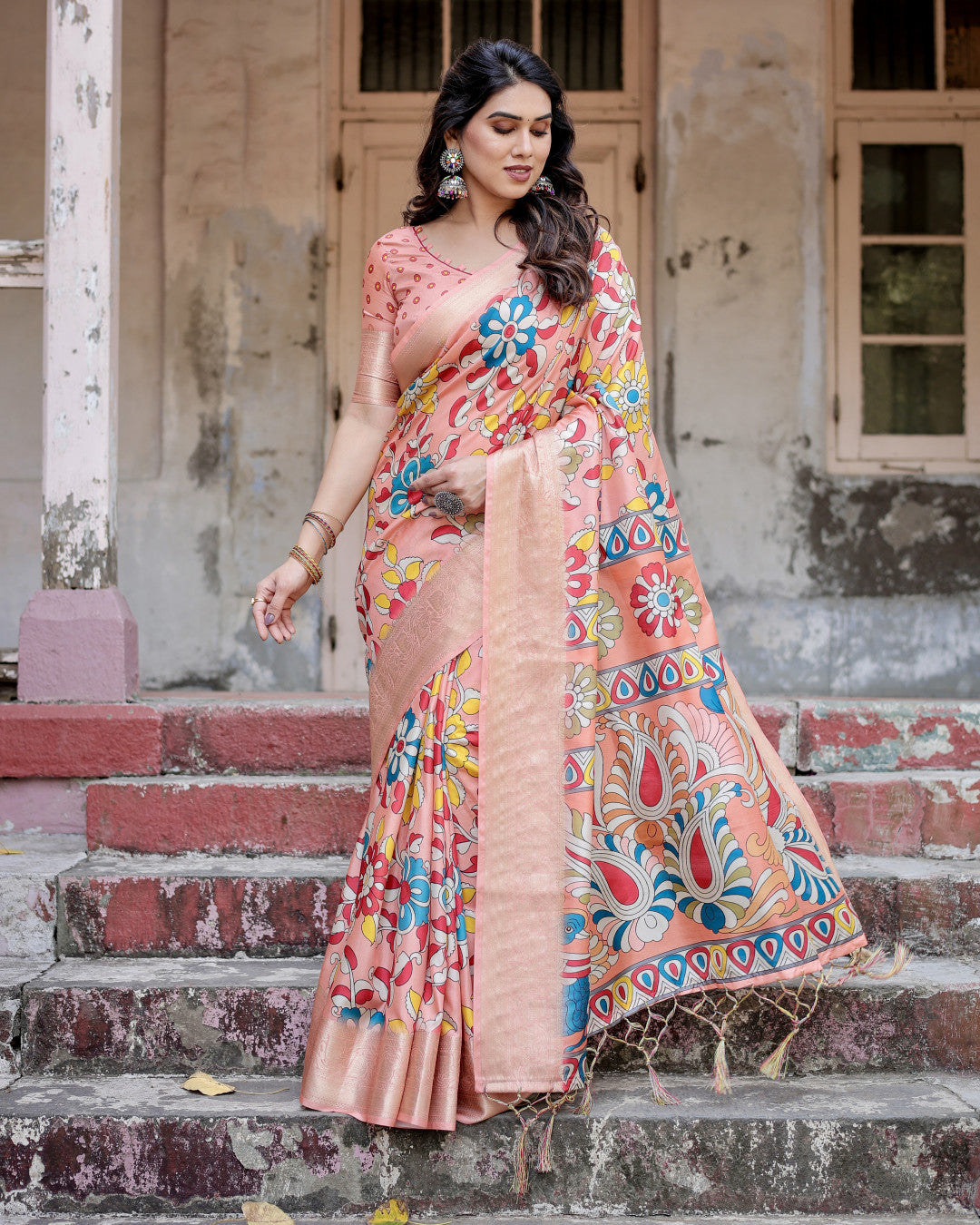 Peach Kalamakari Digital Printed Tussar Silk Saree With Zari Motif Border